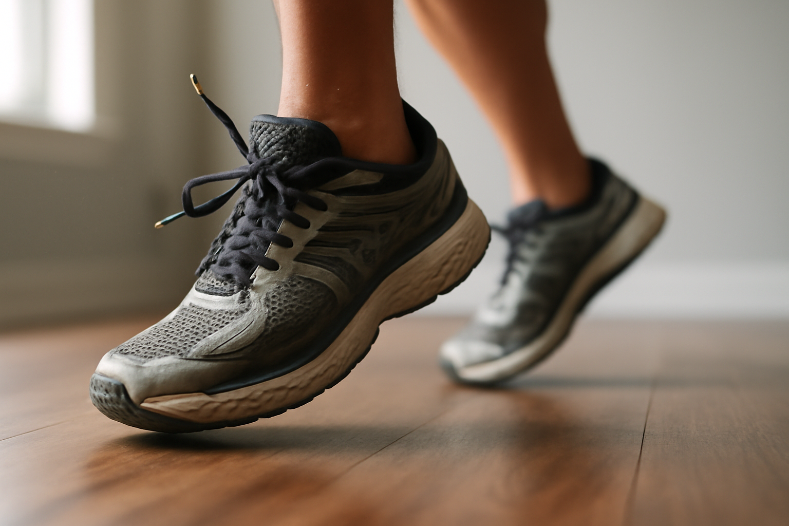 Femme courant sur place en tenue de sport — exercice cardio rapide pour échauffement et perte de poids