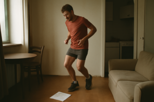 Personne courant sur place lors d'un entraînement cardio à la maison — exercice sans équipement pour brûler des calories et améliorer l'endurance