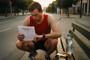 Coureur franchissant la ligne d'arrivée d'un marathon urbain — préparation, stratégie et réussite