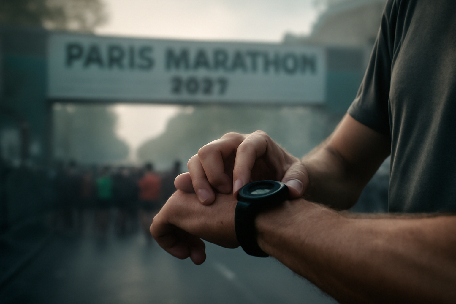 Gros plan sur coureurs au départ du Marathon de Paris 2025, dossards visibles et foulées en action