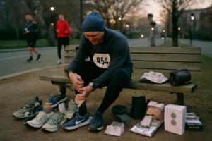 Équipement complet pour courir : chaussures de running, montre GPS, veste coupe‑vent et gourde d’hydratation pour entraînement