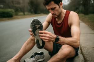 Schéma explicatif de la foulée pronatrice : rotation interne du pied, contact excessif du bord médial et recommandations de chaussures de maintien