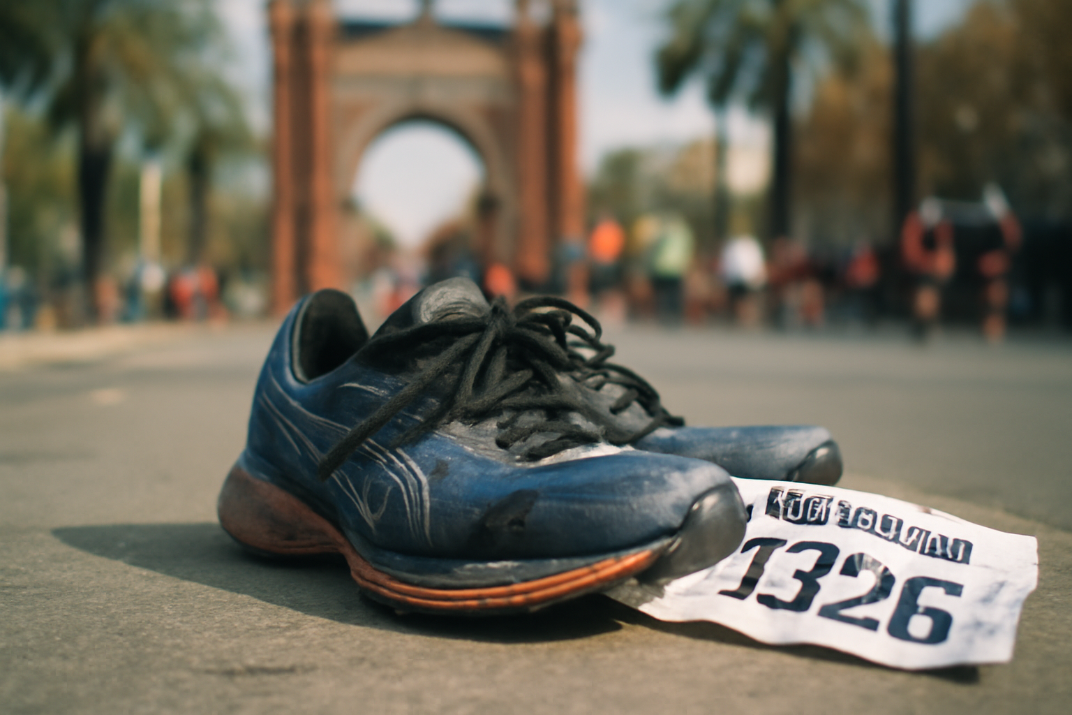 Participants du Marathon de Barcelone courant le long d'une avenue bordée de monuments et de spectateurs