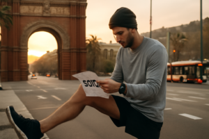 Marathon de Barcelone — coureurs franchissant la ligne d'arrivée avec la ville en arrière-plan