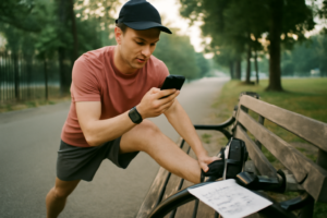Coach de course à pied professionnel guidant un coureur en extérieur — coaching running personnalisé pour améliorer la performance