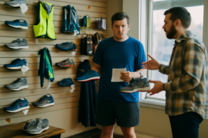 Équipement running — chaussures de running, t-shirt technique et montre GPS pour entraînement