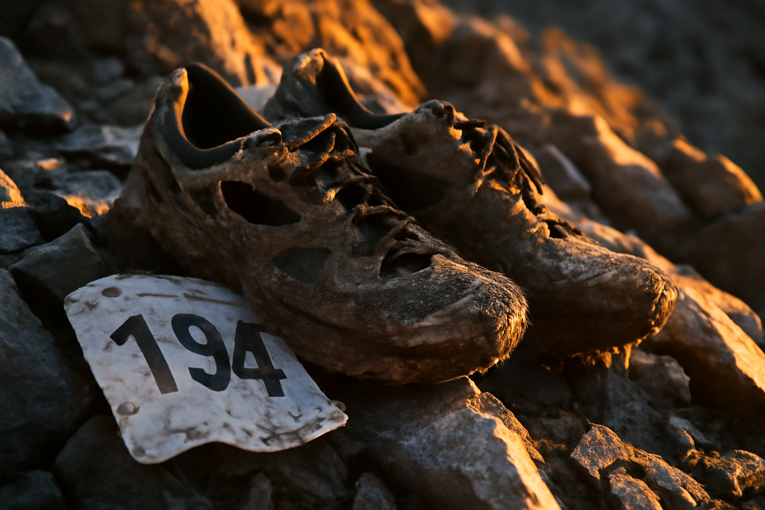 Coureur de l'ultra trail le plus dur du monde avec sac à dos et bâtons, effort intense sur sentier boueux au petit matin