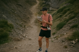 Ultra trail le plus dur du monde : coureur solitaire franchissant un sentier technique en montagne, paysage rocheux et dénivelé extrême
