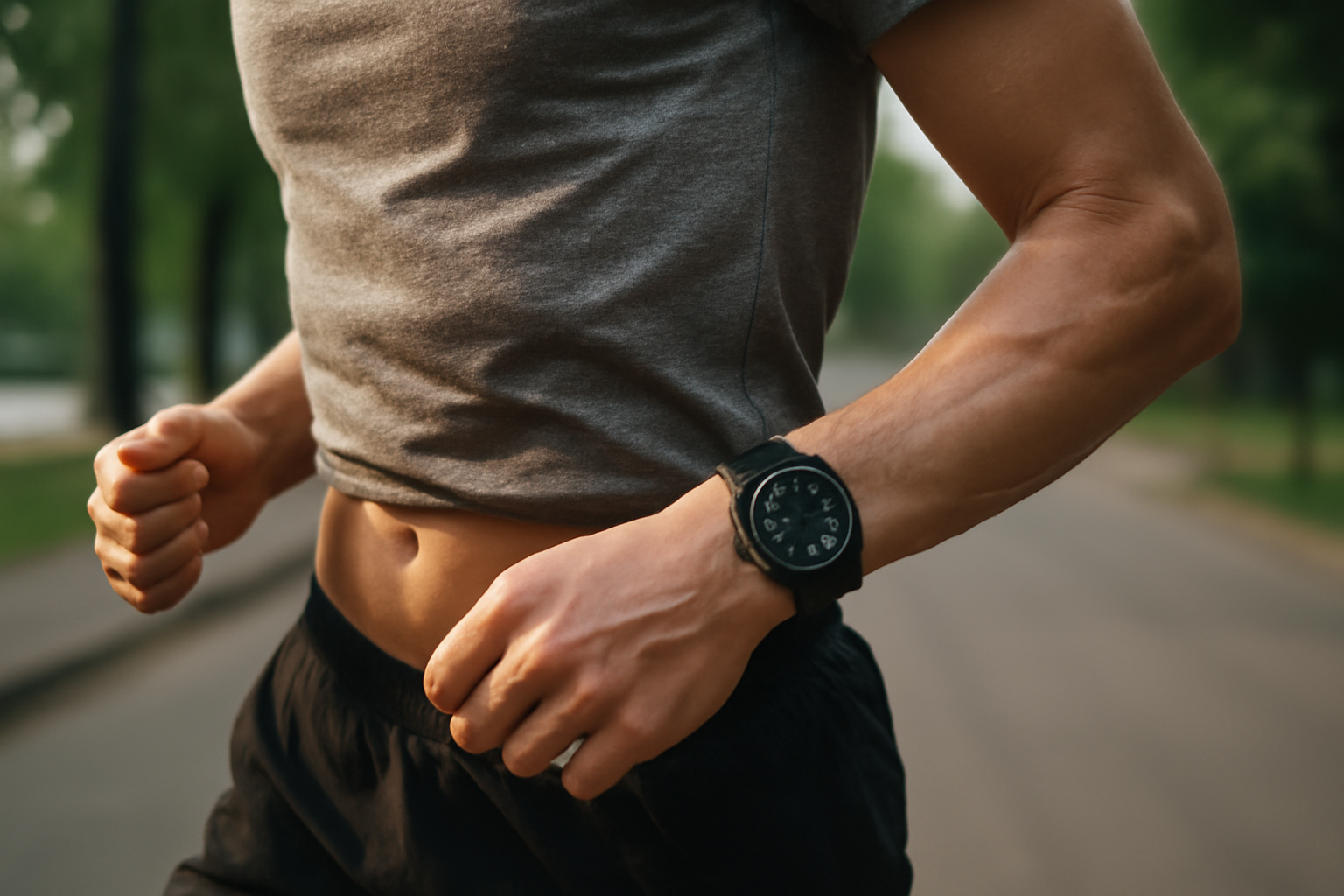 Gros plan sur la foulée pendant une séance de running pour perdre du ventre, axée sur posture et intervalles