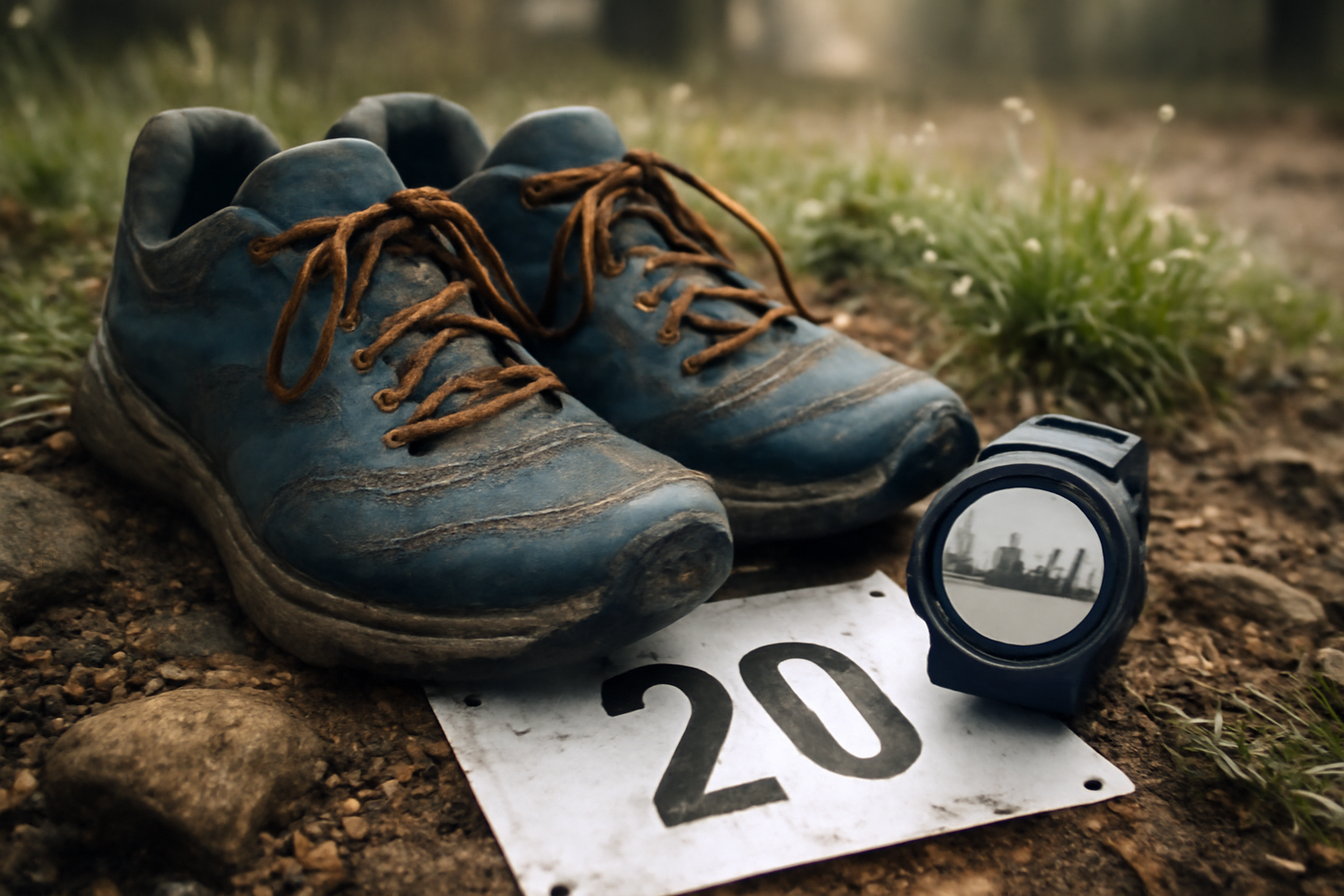 Préparation trail 20 km : plan d'entraînement hebdomadaire posé sur une table avec conseils nutrition, exercices de renforcement et checklist équipement (chaussures trail, hydratation)