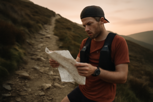 Préparation trail 20 km : coureur sur sentier montagneux s'entraînant avec sac léger et bâtons, séance de fractionné pour travailler endurance et dénivelé
