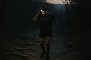 Coureur en trail nocturne avec lampe frontale sur sentier forestier – conseils de sécurité et équipement